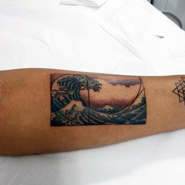 Japanese Ocean Wave Mens Fibonacci Spiral Inner Forearm Tattoo