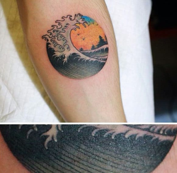Japanese Ocean Waves Circle Male Inner Forearm Tattoos