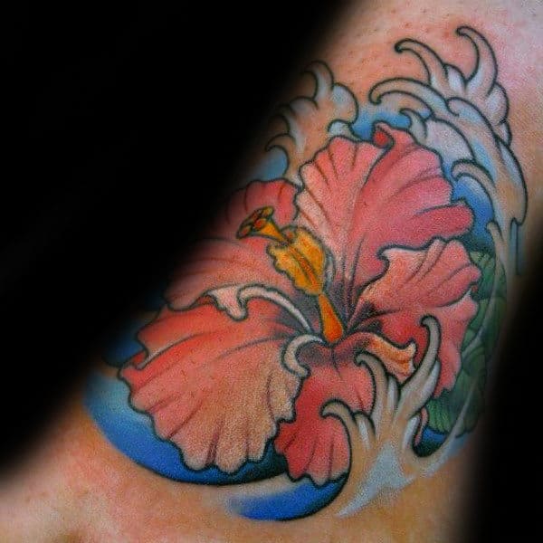 Japanese Ocean Waves Male Hibiscus Flower Foot Tattoos