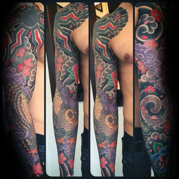 Japanese Owl Full Arm Sleeve Tattoos For Guys