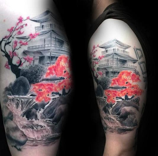 Japanese Red Flower Waterfall Tattoo On Upper Arm