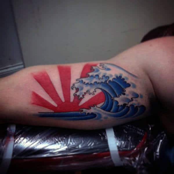Japanese Rising Sun With Ocean Waves Red Ink Guys Tattoo
