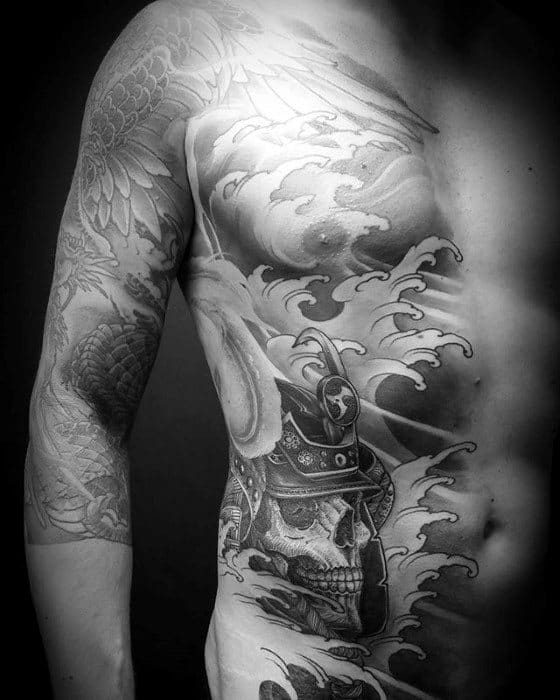 Japanese Samuari Helmet With Skull And Wave Mens Rib Cage Side Tattoos