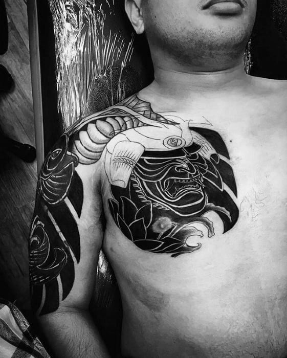 Japanese Samuari Mask Mens Chest Cover Up Tattoos