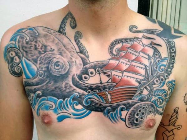 Japanese Ship Man's Tattoo On Chest