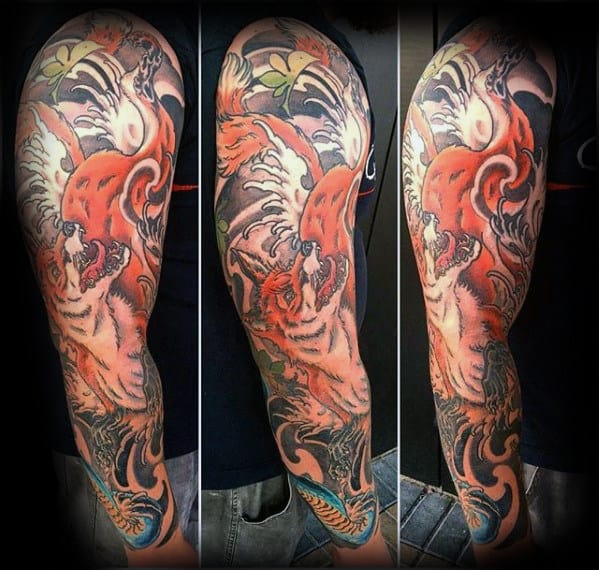 Japanese Sleeve Guys Kitsune Orange Fox Tattoos