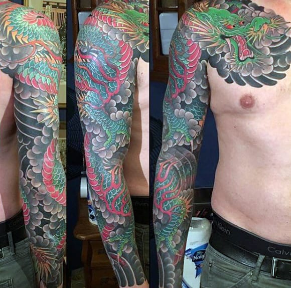 Japanese Sleeve Historic Green Dragon Tattoo For Men