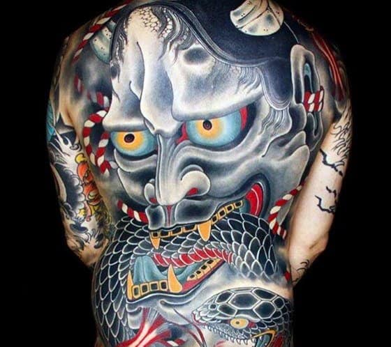 Japanese Snake And Demon Mask Full Back Male Tattoo