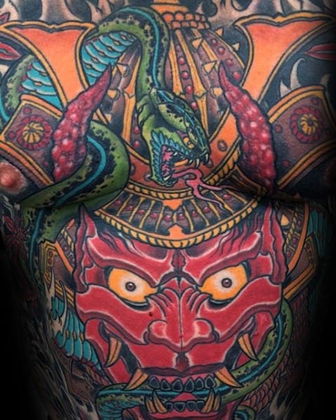 Japanese Snake Red Demon Mask Samuari Helmet Full Chest Male Tattoo Designs