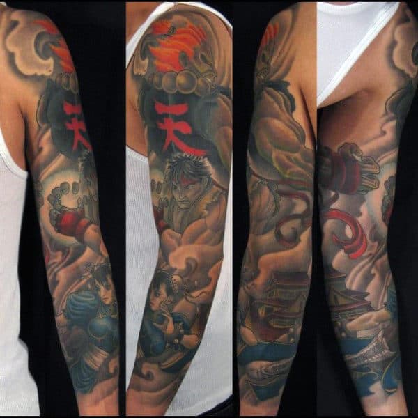 Japanese Street Fighter Mens Full Arm Sleeve Tattoos
