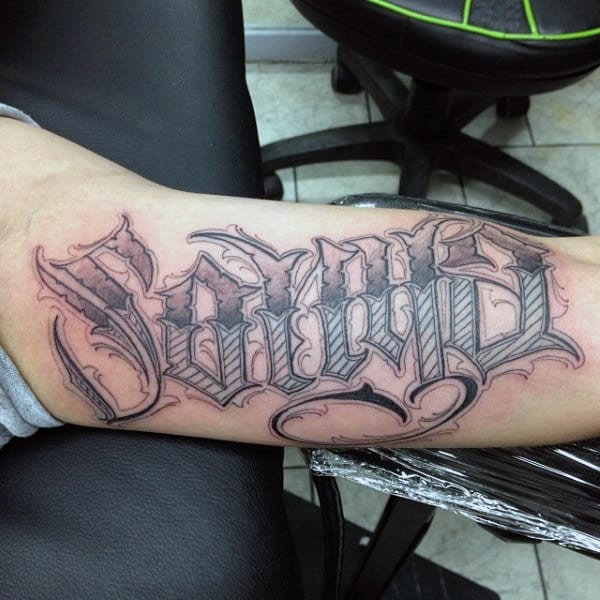 Japanese Style Lettering Tatoo Mens Forearms