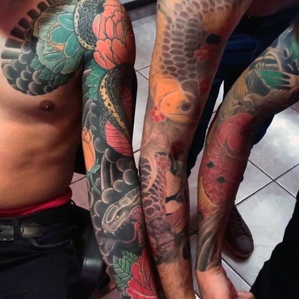 Japanese Style Peony Flower Mens Sleeve Tattoos