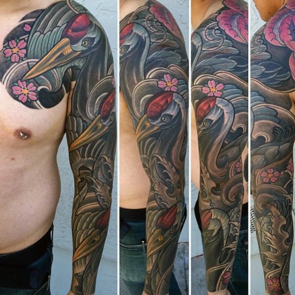 Japanese Swan Mens Unique Sleeve Tattoo Designs