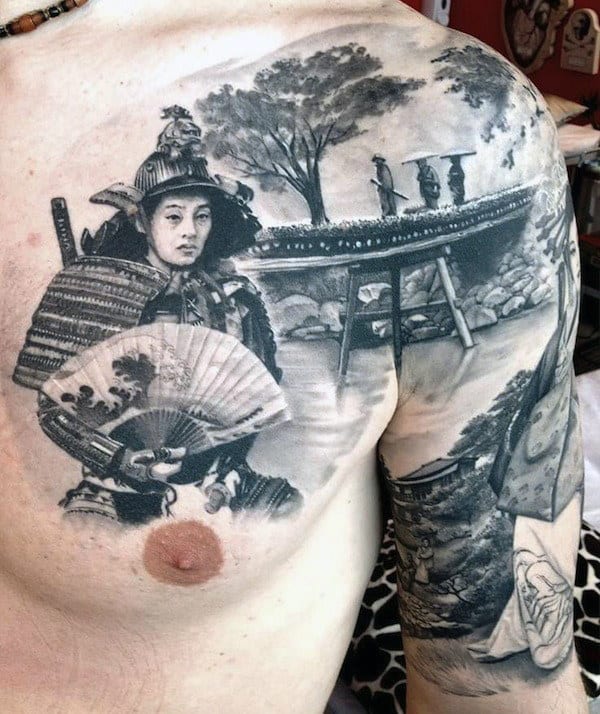Japanese Tattoo Samurai On Men's Chest