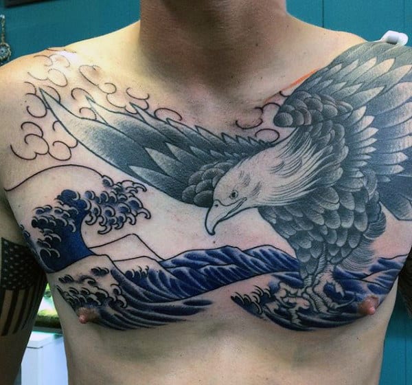 Japanese Tattoo Waves For Males With Eagle On Chest