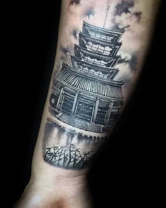 Japanese Temple Outer Forearm Shaded Tattoo Ideas For Guys