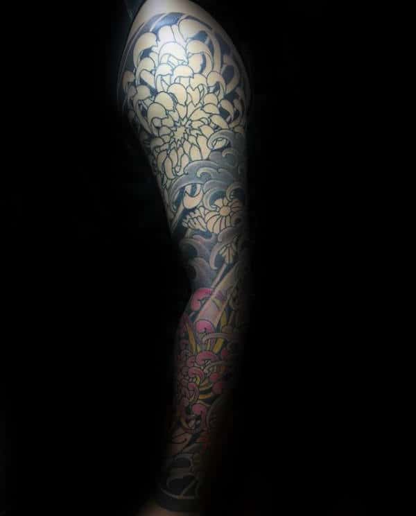 Japanese Themed Mens Chrysanthemum Flower Full Sleeve Tattoos