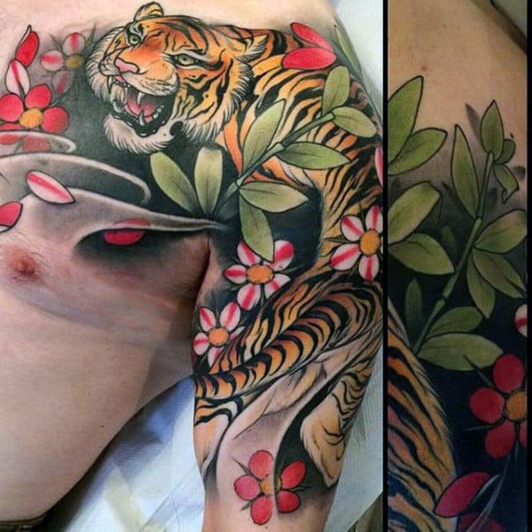 Japanese Tiger Bamboo Mens Half Sleeve Tattoo