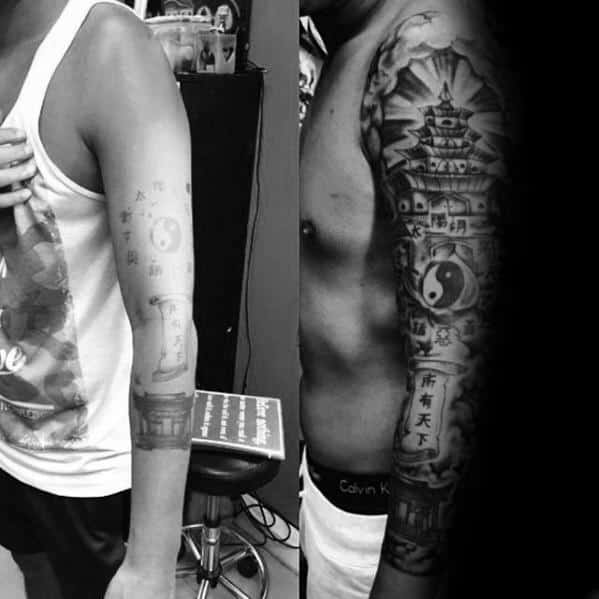 Japanese Tower Before And After Guys Tattoo Cover Up Sleeve