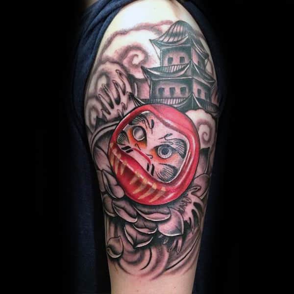 Japanese Tower Daruma Doll Guys Half Sleeve Tattoos