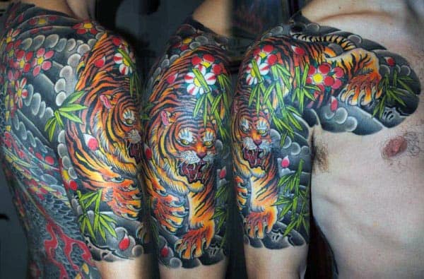 Japanese Traditional Colorful Mens Half Sleeve Bamboo Tattoo