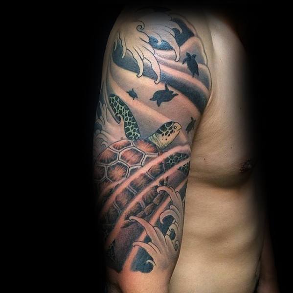 Japanese-style turtle tattoo sleeve featuring bold waves, sea turtles, and flowing water elements, creating a dynamic and ocean-inspired design.
