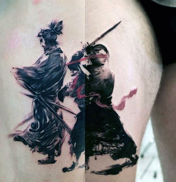 Japanese Warrior Brush Stroke Thigh Tattoos