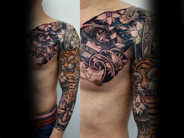Japanese Warrior Mask Tattoo For Men On Upper Chest