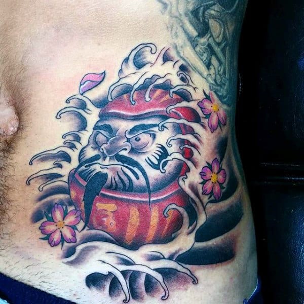 Japanese Water Waves Daruma Doll Mens Rib Cage Side Tattoos