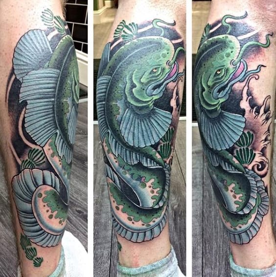 Japanese Waves Mens Catfish Lower Leg Tattoo Designs