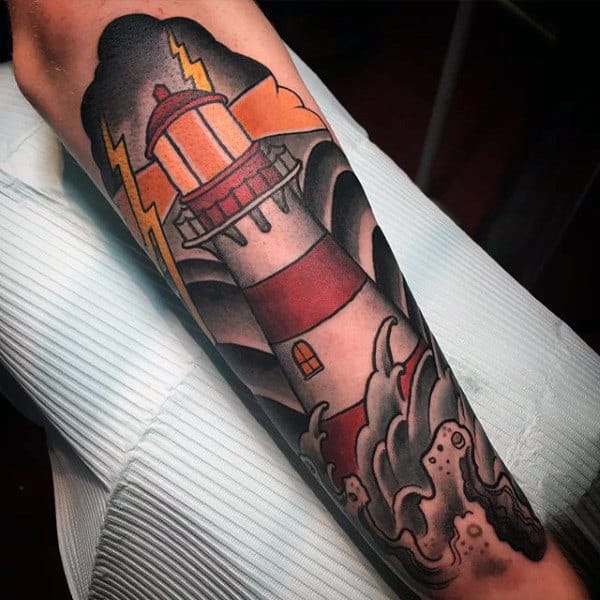 Japanese Waves Mens Lighthouse Nautical Tattoo Ideas On Forearm