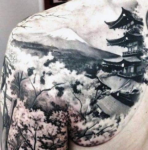 Japanese White Ink Mountain Building Back Tattoo
