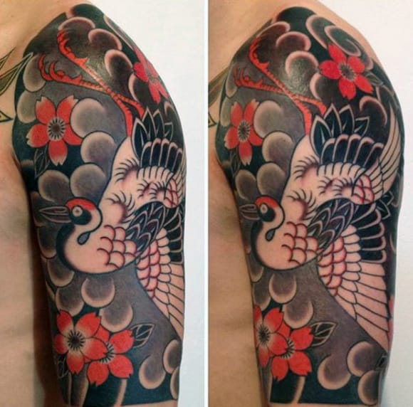 Japansese Sleeve Pretty Bird Tattoo For Males