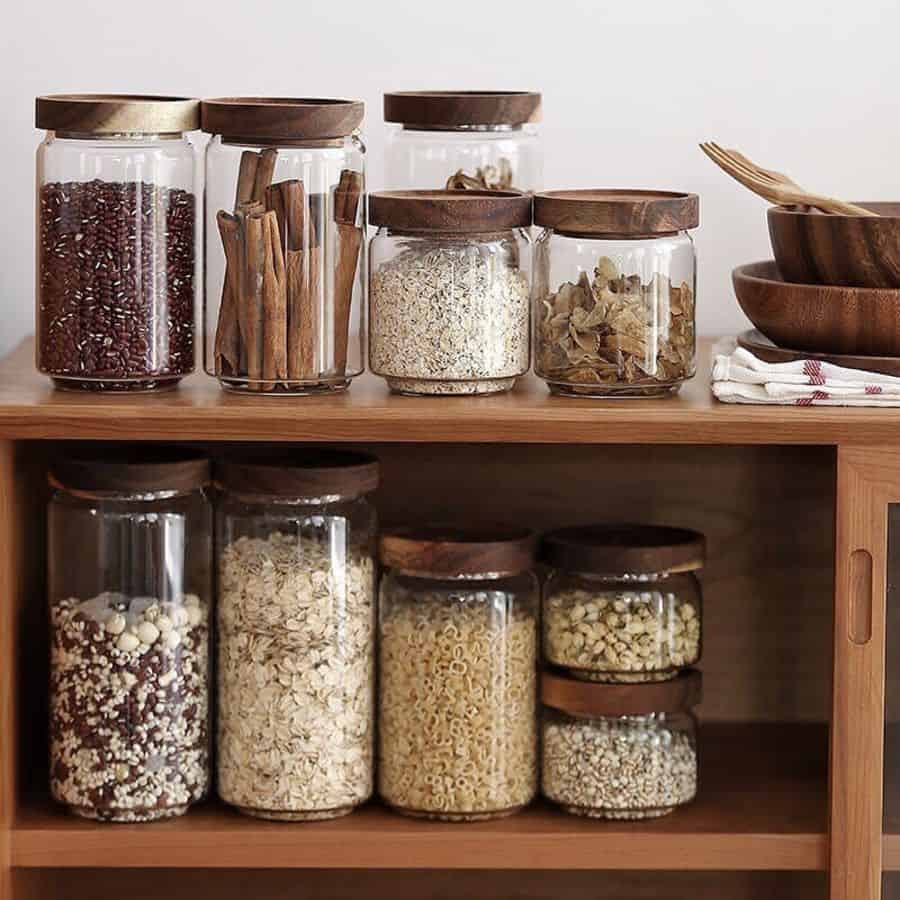 jars kitchen storage wood cabinet