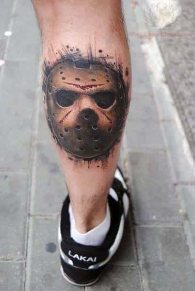Jason Mask Tattoo Leg Calf Design On Man