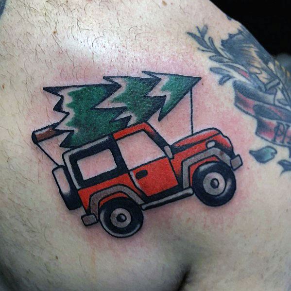 Colorful tattoo of a red Jeep carrying a Christmas tree on its roof, designed in a bold, cartoonish style with clean lines and shading.