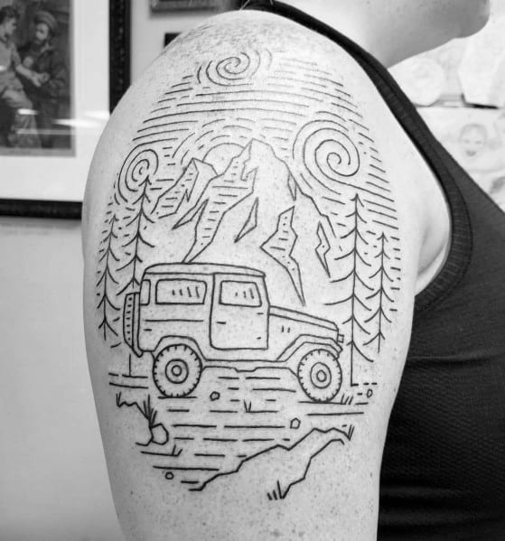 Minimalist line-art tattoo of a Jeep driving through a mountainous landscape with swirling clouds and pine trees, creating a scenic adventure vibe.