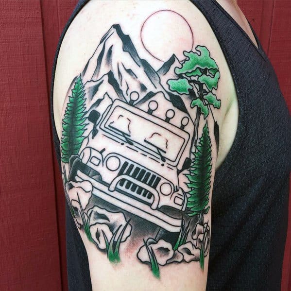 Bold and colorful tattoo of a Jeep climbing rocky terrain, surrounded by pine trees and mountains, with a sun in the background for an adventurous look.