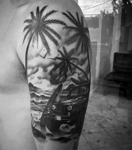 Black and grey tattoo of a Jeep on a beach with surfboards, palm trees, and a cloudy sky, capturing a tropical adventure vibe.
