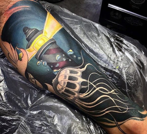 Jellyfish And Lighthouse Tattoo For Men Sleeve