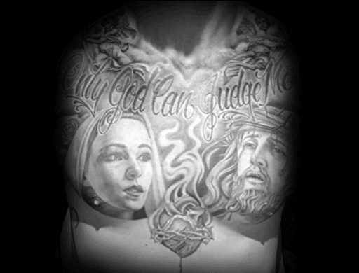 jesus and mother mary only god can judge me guys chest tattoos