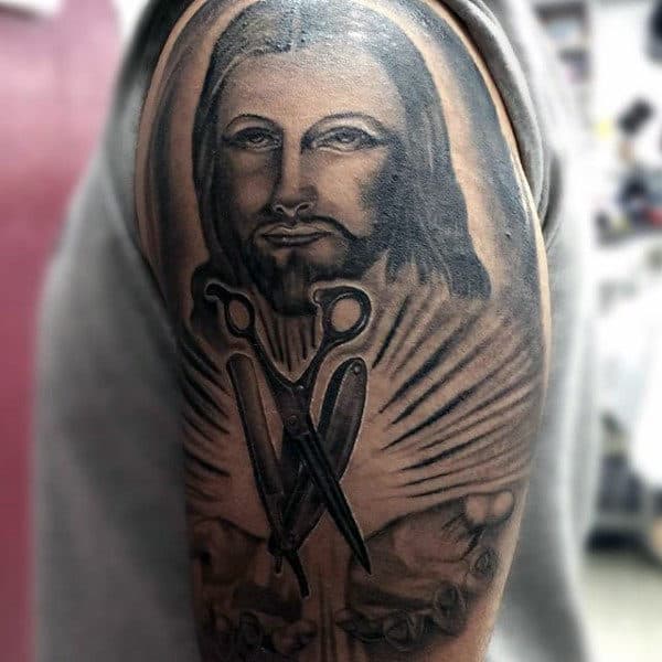 Jesus Barber Tattoo For Men Holding Scissors And Razor