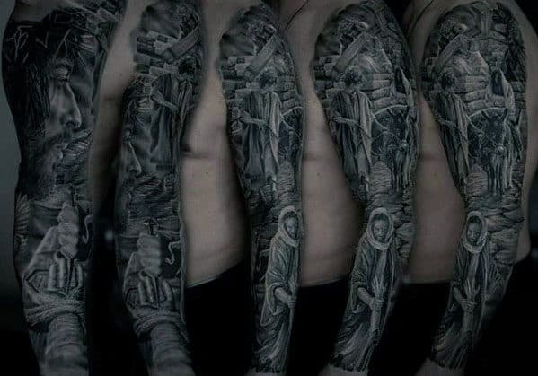 Jesus Carrying Cross On Street Mens Full Sleeve Tattoos