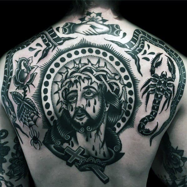 Jesus Christ Cross Traditional Mens Back Tattoos