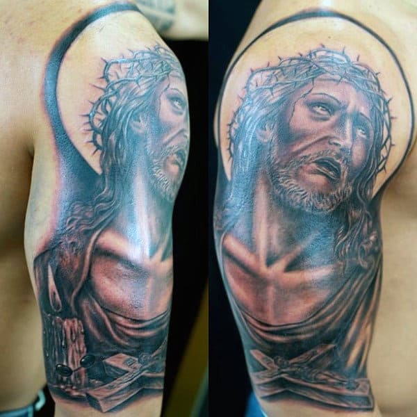 Jesus Christ Half Sleeve Tattoos Rosary Beads Men