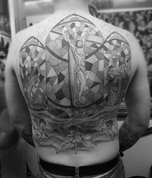 Jesus Christ Mens Full Back Stained Glass Tattoo