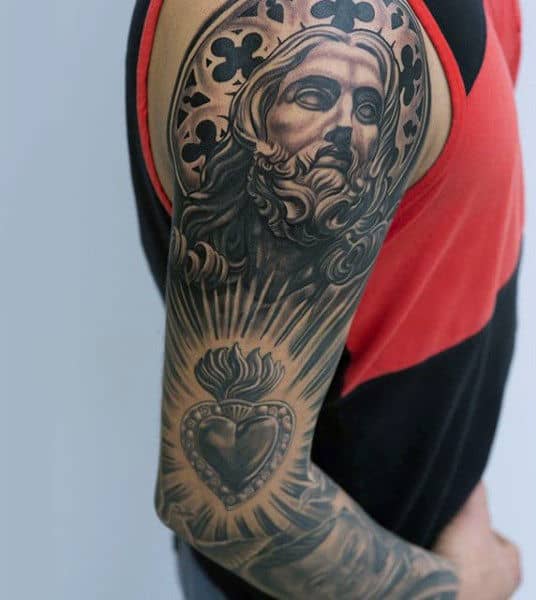 Jesus Christ Mens Heart Full Sleeve Tattoo