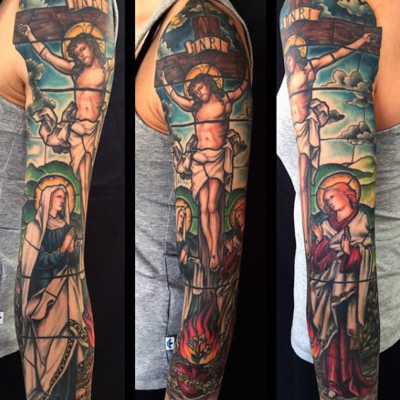 Jesus Christ Themed Full Mens Stained Glass Sleeve Tattoo