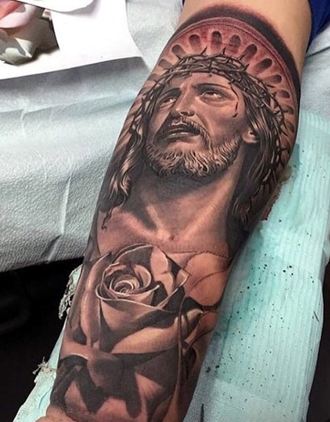 Jesus Crown Of Thorns Tattoo For Men Leg Sleeve