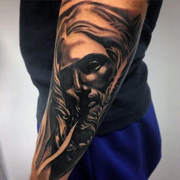 Jesus Face Catholic Mens Outer Forearm Tattoo